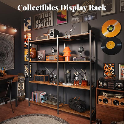 Huuger 4 Tier Bookshelf, L Shaped Corner Bookshelf with 8 Open Shelves, 49.4 Inch Straight Wide Bookcase with Metal Frame and Wooden Board, Adjustable Feet, Rustic Brown