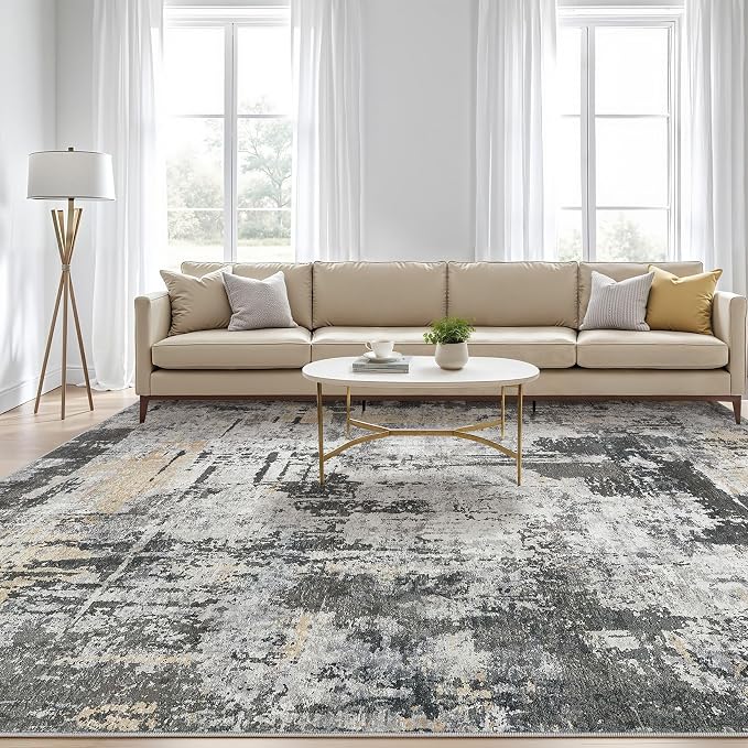 7x9 Area Rug Living Room: Washable Large Abstract Modern Soft Rug Stain Resistant Indoor Floor Non Slip Accent Carpet for Bedroom Nursery Playroom Dining Room Office Dorm Home House- Black Gold