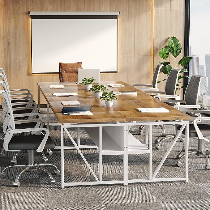 LITTLE TREE 63-Inch Executive Office Desk, Large Computer Desk with Storage Shelf, Executive Desk with Metal Frame, Thickened Desktop, Study Writing Desk Work Station for Home Office, Rustic + White
