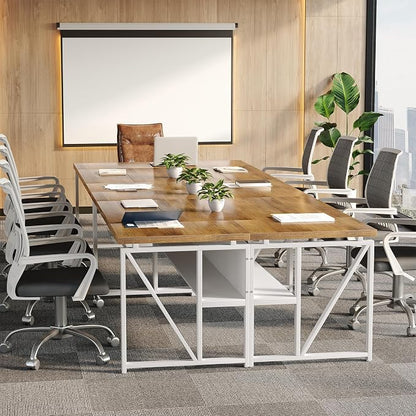 LITTLE TREE 63-Inch Executive Office Desk, Large Computer Desk with Storage Shelf, Executive Desk with Metal Frame, Thickened Desktop, Study Writing Desk Work Station for Home Office, Rustic + White