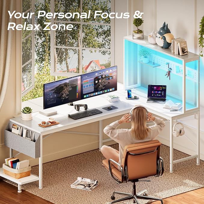 PRAISUN L Shaped Gaming Desk with LED Lights & Power Outlets, Reversible Computer Desk with Storage Shelves & Bag, Large Corner Home Office Desk with Pegboard for Work from Home, White
