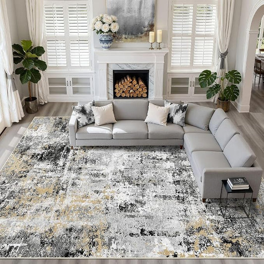 10x14 Area Rugs Living Room: Washable Large Abstract Neutral Modern Soft Rug Stain Resistant Indoor Floor Non-Slip Accent Carpet for Bedroom Nursery Playroom Dining Room Office Dorm Home- Black Gold