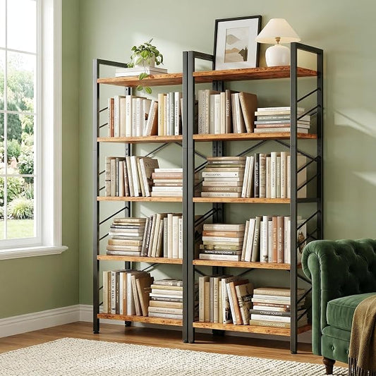 DurayLoly 2 Pieces 5 Tier Bookshelf, Tall Bookshelf with Metal Frame and Sidebars, Modern Bookcase for Bedroom, Home Office and Living Room, Rustic Brown