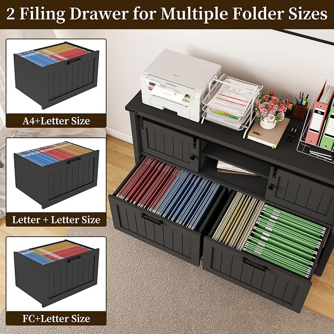 2 Drawer Lateral File Cabinet with Outlets & Charging Station for Files Letter/FC/A4, Farmhouse Filing Cabinets for Home Office Storage, Wooden Print Stand, 46.4" Wide, Black