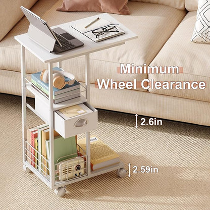 Rolling Side Table with Storage Drawer, White Bedside Table with Wheels, TV Tray for Sofa, Portable Desk on Wheels, Modern Night Stand, Overbed Table for Bedroom, C Shaped End Tables Living Room