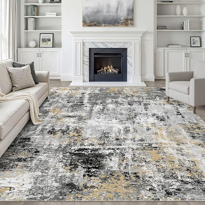8x10 Area Rugs Living Room: Washable Large Abstract Neutral Modern Soft Rug Stain Resistant Indoor Floor Non-Slip Accent Carpet for Bedroom Nursery Playroom Dining Room Office Dorm Home- Black Gold