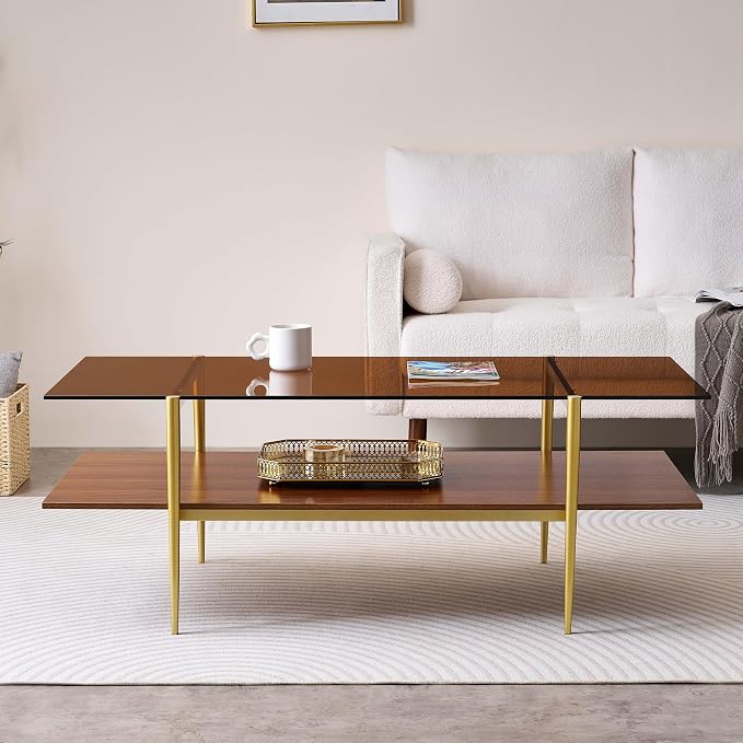 LumFurn Extra Large Rectangle Glass Coffee Table, Mid-Century Modern Design for Living Room, L47 x W24 x H17, Amber Glass Top and Walnut MDF Shelf, Sleek Conical Metal Legs with Gold Finish