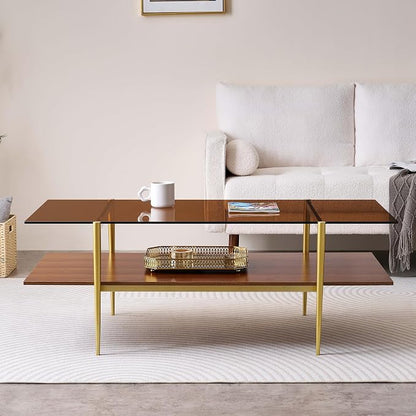 LumFurn Extra Large Rectangle Glass Coffee Table, Mid-Century Modern Design for Living Room, L47 x W24 x H17, Amber Glass Top and Walnut MDF Shelf, Sleek Conical Metal Legs with Gold Finish