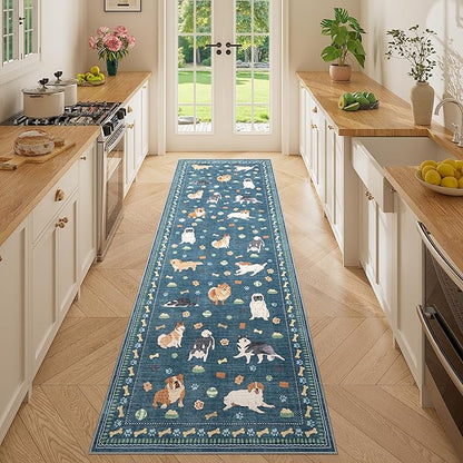 DUKINO 2.6x8 Washable Runner Rug for Hallway, Non Slip Animal Dog Kitchen Rug with Low Pile Design, Ultra Soft & Stain Resistant Indoor Carpert Runner for Entryway, Bedroom, Laundry, Bathroom, Blue