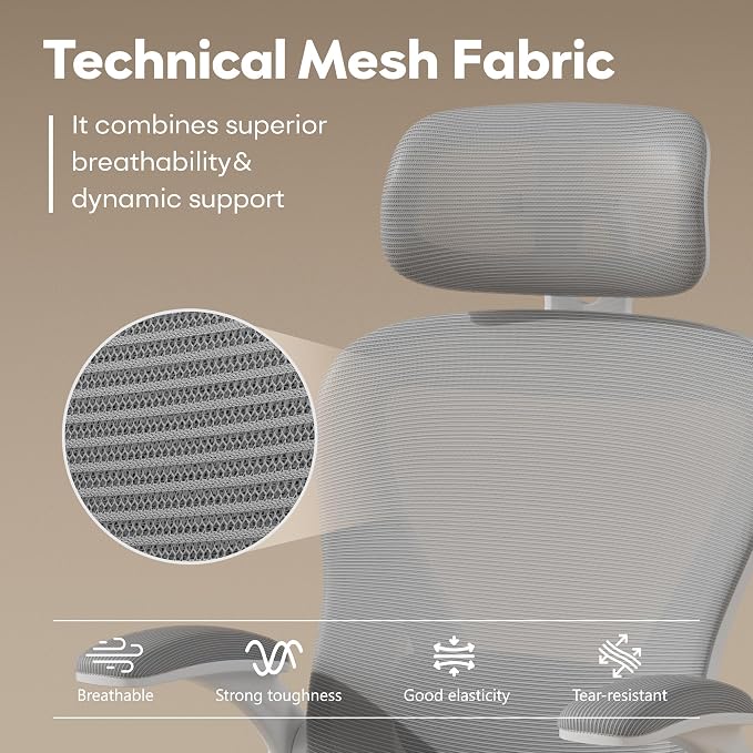 SeekFancy Ergonomic Office Chair M903, Computer Desk Chair | High Back Mesh Office Chair with Adjustable Lumbar Support, Headrest, Flip-Up Armrests, Wheels, 330LBS Capacity, White Grey