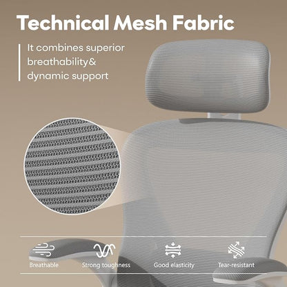 SeekFancy Ergonomic Office Chair M903, Computer Desk Chair | High Back Mesh Office Chair with Adjustable Lumbar Support, Headrest, Flip-Up Armrests, Wheels, 330LBS Capacity, White Grey