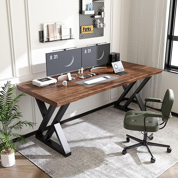 Solid Wood Desk 71 Inches, Live Edge Wooden Home Office Computer Desk Metal Frame Modern Simple Design Executive Real Wood Desk for Writing Study Dining Gaming