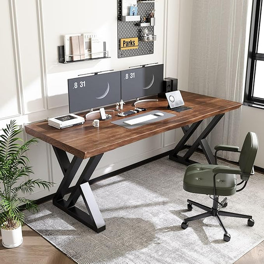 Solid Wood Desk 71 Inches, Live Edge Wooden Home Office Computer Desk Metal Frame Modern Simple Design Executive Real Wood Desk for Writing Study Dining Gaming