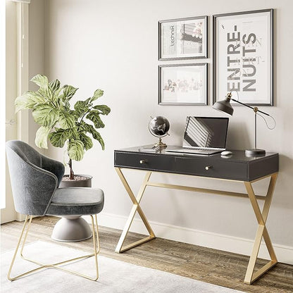 BELLEZE Modern 42 Inch Makeup Vanity Dressing Table or Home Office Computer Laptop Writing Desk with Two Storage Drawers, Wood Top, and Gold Metal Frame - Ellena (Black)