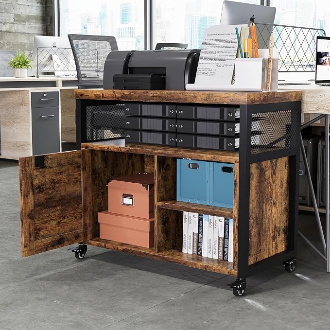 FUSUNBAO Farmhouse Printer Stand with Storage, Printer Table with Charge Station and Wheels, Rolling Printer Cabinet with Shelves, Printer Cart, and File Cabinet for Home Office Storage(Rustic Brown)