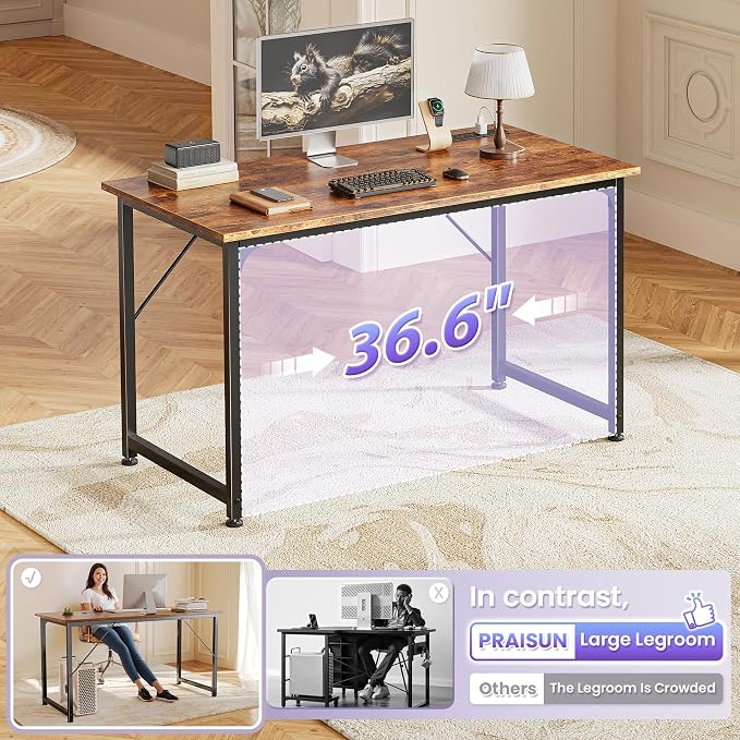 PRAISUN 40 X 20 Inch Computer Desk with Power Outlets and USB-C Port, Gaming Office Desk with Deeper Desktop, Writing Work Desk for Home Office, Study, Bedroom, Metal Frame, Rustic Brown