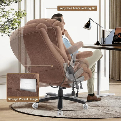 Fabric 700lbs Big and Tall Office Chair, Ergonomic Heavy Duty Executive Cloth Office Chair with 5D Flip Arms & Adjustable Lumbar Support & Dual Rubber Wheel, Large Thick Padded Extra Wide Seat, Brown