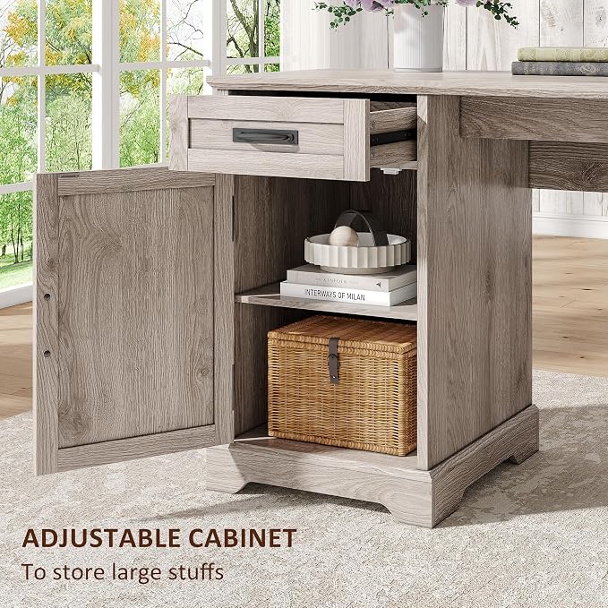 Whalefall 67'' Farmhouse L-Shaped Desk with Drawers for Home Office, Gray | Computer Corner Desk with File Cabinet and Charging Station, Large Executive L Desk with Locking Drawers Storage