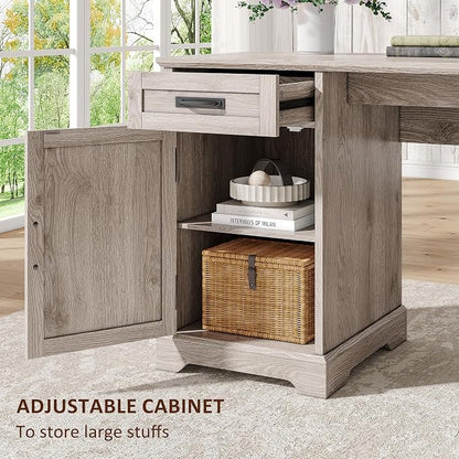 Whalefall 67'' Farmhouse L-Shaped Desk with Drawers for Home Office, Gray | Computer Corner Desk with File Cabinet and Charging Station, Large Executive L Desk with Locking Drawers Storage