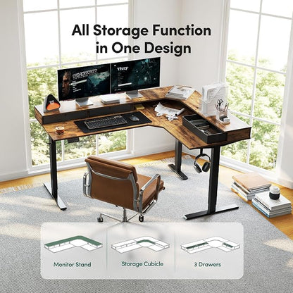 FEZIBO L Shaped Electric Standing Desk, 63x48 inch Large with Drawers | Reversible Tabletop, 2 Memory Height Settings | Home Office & Gaming Height-Adjustable Table, Rustic Brown（2 Packages）