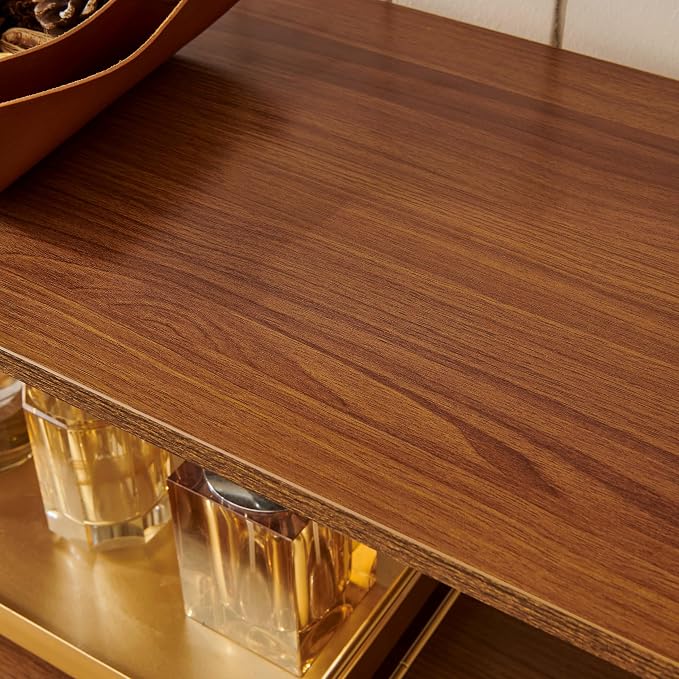 LumFurn Glass Console Table for Living Room, Foyer & Entryway, L41 x W14 x H31 Inch, 3-Tier Mid-Century Modern Sofa Table with Amber Glass Top, Walnut Finish Wood Shelf and Gold Finish Frame
