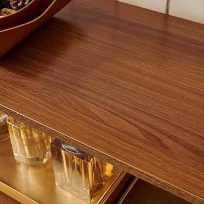 LumFurn Glass Console Table for Living Room, Foyer & Entryway, L41 x W14 x H31 Inch, 3-Tier Mid-Century Modern Sofa Table with Amber Glass Top, Walnut Finish Wood Shelf and Gold Finish Frame