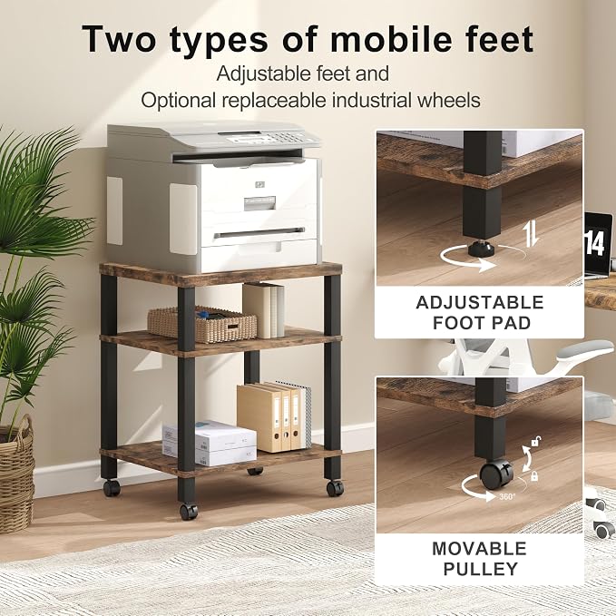 3-Tier Printer Stand with Wheels, Large Under Desk Rolling Cart for Office Storage, Heavy Duty Machine Stand with Adjustable Shelf, 22.04"x17.71"x26.54", Rustic Brown