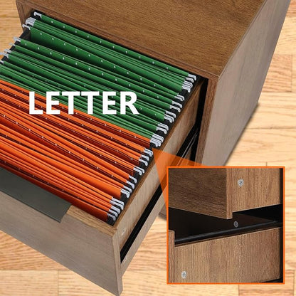 2 Drawer File Cabinet, Wood Vertical Filing Cabinet Fits Hanging Files/Letter Size, Small Under Desk File Cabinets for Home Office, Brown