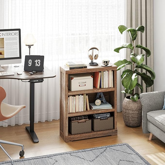 LINSY HOME 3-Tier Bookshelf Display Storage Shelves Farmhouse Bookshelf for Home Office, Living Room, Bed Room - Dark Brown