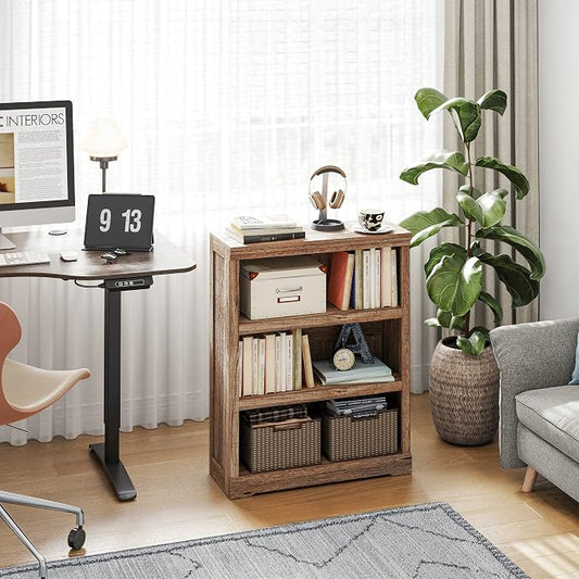 LINSY HOME 3-Tier Bookshelf Display Storage Shelves Farmhouse Bookshelf for Home Office, Living Room, Bed Room - Dark Brown