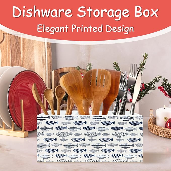 Fishing Decor, Coastal Beach Fish Pen Pencil Holder Organizer for Desk, Fishing Gifts, Blue Nautical Ocean Fishing Wooden Box Block Sign for Beach House Office Tabletop Decor