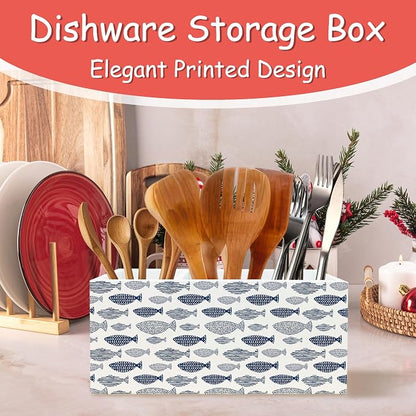 Fishing Decor, Coastal Beach Fish Pen Pencil Holder Organizer for Desk, Fishing Gifts, Blue Nautical Ocean Fishing Wooden Box Block Sign for Beach House Office Tabletop Decor