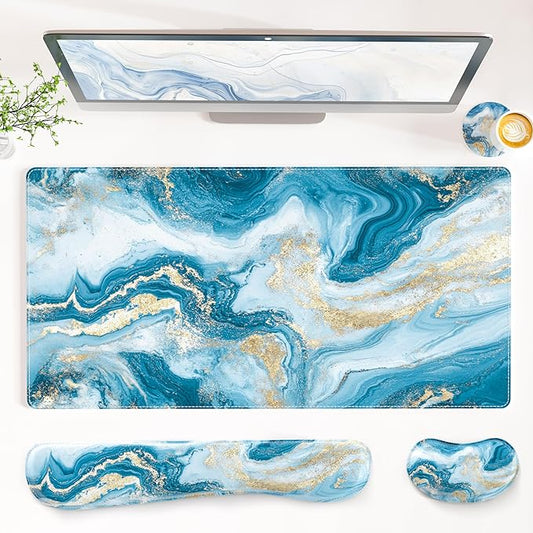 QIYI Leather Desk Mat Set, 4-in-1 Large Mouse Pad with Ergonomic Wrist Rest, Waterproof Desk Pad + Keyboard Wrist Rest + Mouse Wrist Support+Coaster, Non-Slip Office Gaming Accessories, Blue Fluid Art