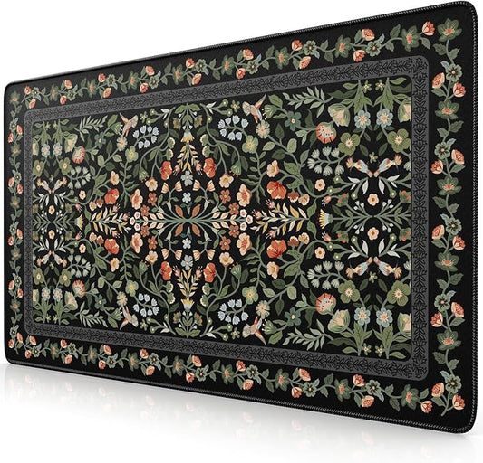 iCasso Aesthetic Flower Mouse pad for Laptop, Desk Pad Mat, Vintage Desk Matt for Desktop 13.7"x23.6", Anti-Slip Mousepad with Stitched Edges for Laptop Computer Keyboard(Black)