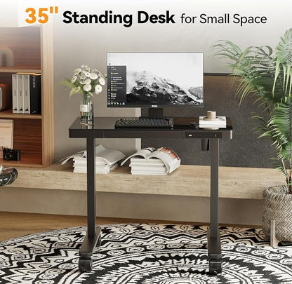 Monomi 35" Glass Standing Desk with Drawer and USB Ports, Electric Height Adjustable Desk for Home Office, Black Sit Stand Table with Storage, Easy Assembly Computer Desk for Small Spaces
