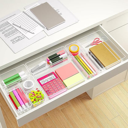 45Pack Makeup Drawer Organizers Set, 4Sizes acrylic desk organizer trays for vanity, bathroom, office, nightstand, junk for kitchen drawer, Versatile plastic drawer divider storage bins