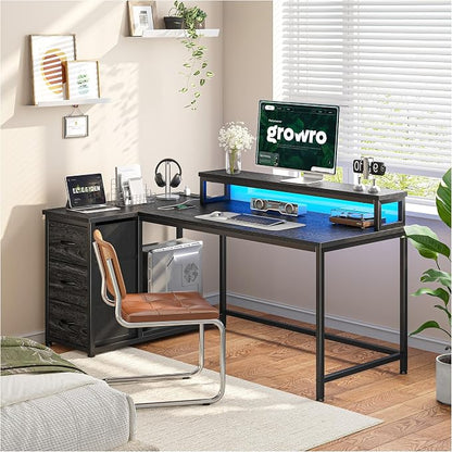 EnHomee 48Inch L Shaped Gaming Desk with 3 Drawers & Monitor Stand, Computer Desk with LED Lights & Power Outlet,Reversible Corner Desk for Gaming,Study Room,Home Office,Bedroom,Black