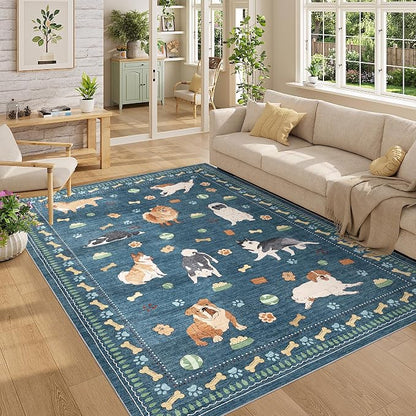 DUKINO 5x7 Rug for Living Room, Lightweight Animal Dog Print Washable Area Rug, Soft Non Slip & Low Pile Floor Mat, Stain Resistant Large Carpet for Bedroom, Nursery, Dining Room, Kids Playroom, Blue