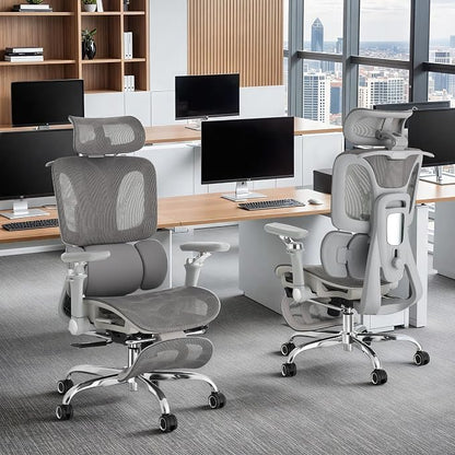 Ergonomic Office Chair with 3-Zone Dynamic Lumbar Support, Big and Tall Office Chair with Footrest, Adjustable Seat Depth,4D Headrest,6D Armrests, Swivel Executive Chair for Home Office,Grey