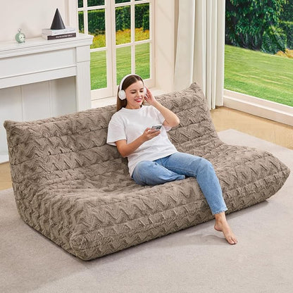 Hobestluk Giant Bean Bag Chair Faux Fur BeanBag Couch for Living Room | Brown Chevron, 3-Seater,Ergonomic Design,Memory Foam,Anti-slip Bottom,No Assembly Required,Decorative Style for Living Room