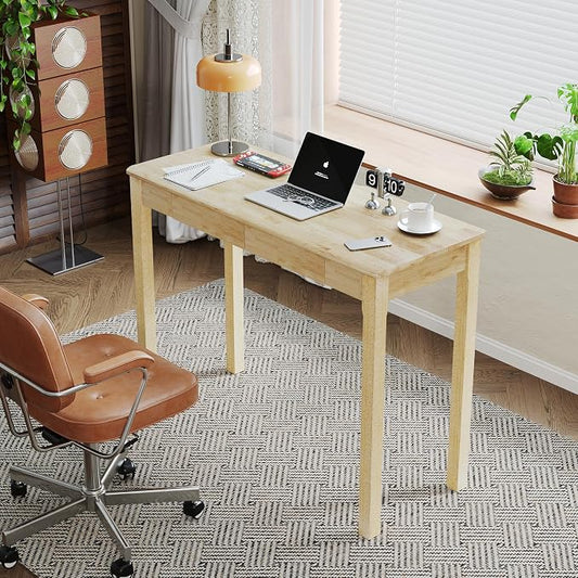 Solid Wood Desk with Drawers - 39 x 16 Inch Simple Narrow Desks, Rubber Wood Study Table, Small Writing Desk for Small Spaces|Bedroom - Natural Boho Desks
