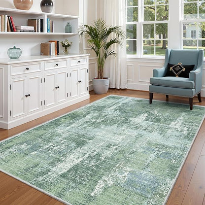 Valenrug Washable Rugs 6x9 - Ultra Thin Stain Resistant 6x9 Rugs for Living Room, Non Slip Backing 0.25" Low Pile Abstract Rugs for Bedroom, Folable Machine Washable Area Rug(6'x9', Sage Green)