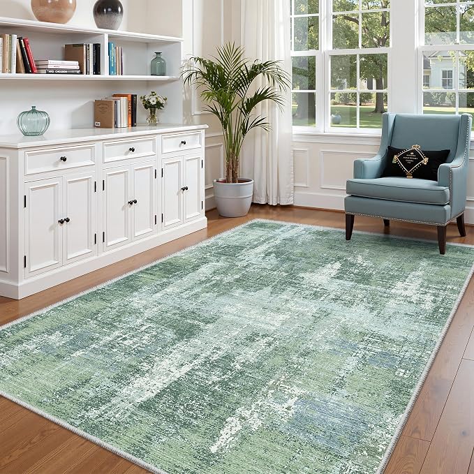 Valenrug Washable Rugs 5x7 - Stain Resistant 5x7 Area Rugs for Living Room, Non Slip Backing Abstract Rugs for Bedroom, Folable Machine Washable Area Rug(5'x7', Sage Green)
