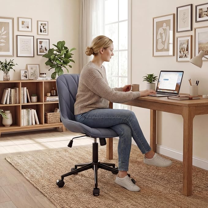 Rowill Modern Office Chair - Ergonomic Swivel Leather Desk Chair with Curved Backrest, Height Adjustable Rolling with Wheels, Perfect for Study Room & Office, Gray Purple