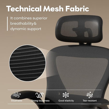 SeekFancy Ergonomic Office Chair M903, Computer Desk Chair | High Back Mesh Office Chair with Adjustable Lumbar Support, Headrest, Flip-Up Armrests, Wheels, 330LBS Capacity, Black