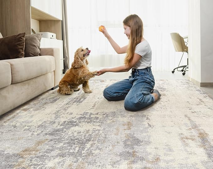UERMEI 8x10 Washable Area Rug - Neutral Modern Abstract Living Room Rugs, Non-Slip Soft Large Indoor Floor Carpet for Bedroom Home Office & Under Dining Table Decor, Light Brown/Gray