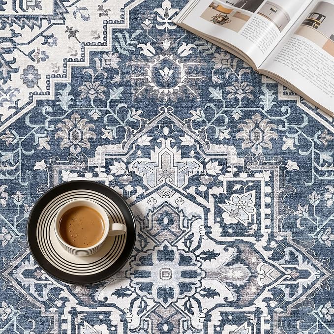 UERMEI 10x14 Area Rug for Living Room - Washable Vintage Carpet, Non-Slip Soft Large Indoor Floor Rugs for Bedroom Home Office & Under Dining Table Decor, Denim Blue/White