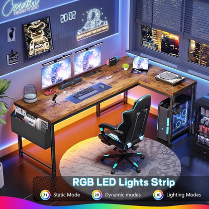 DurayLoly 63" L Shaped Desk with Power Outlets and LED Lights, Reversible Corner Home Office Desk, 0.95" Thick Desktop 220 lbs Capacity, Computer Gaming Desk for Bedroom Study, Brown