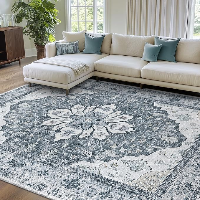 RELEANY Area Rugs 8'x10' Washable Non-Slip, Floral Vintage Distress Medallion Carpet for Living Room Bedroom Dining Room, Light Gray Grey White