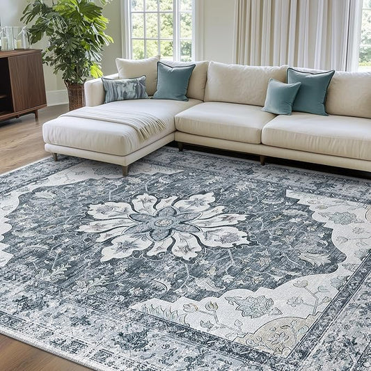 RELEANY Area Rugs 8'x10' Washable Non-Slip, Floral Vintage Distress Medallion Carpet for Living Room Bedroom Dining Room, Light Gray Grey White
